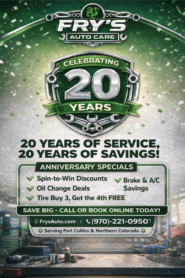 Fry's Auto Care poster celebrating 20 years of service and savings